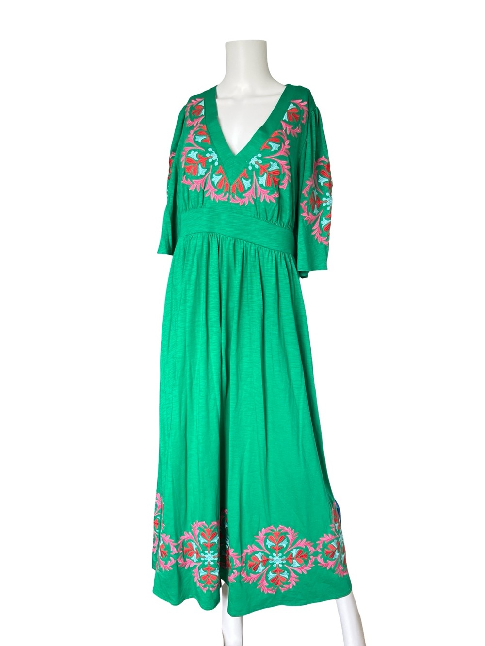NEW Boden Maya Embroidered Kimono Dress Maxi Boho Green V Neck Womens Size 12